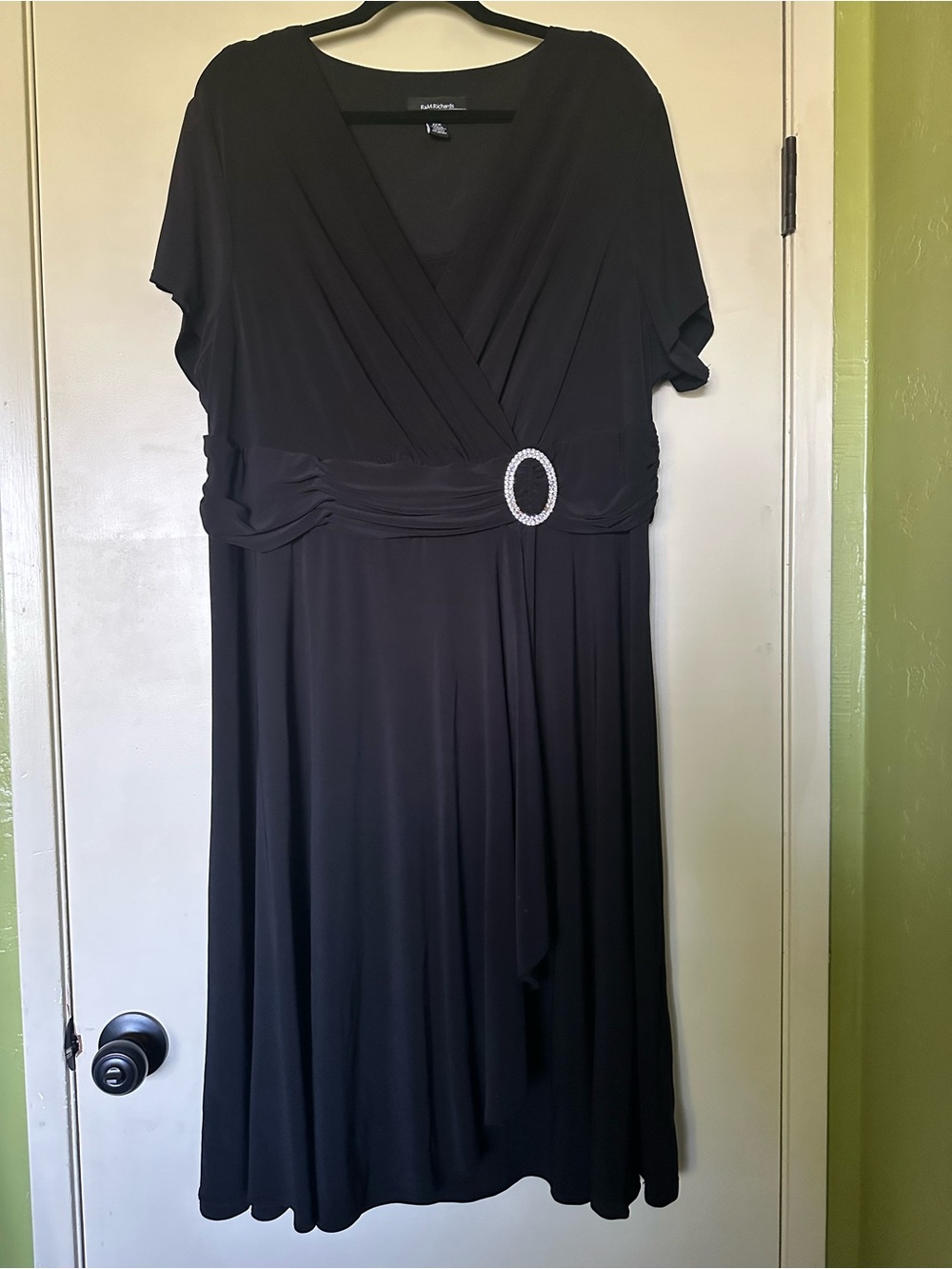 R&M Richards Black Midi Wrap Dress with Rhinestone Buckle